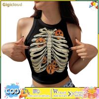 ราคา Womens Crop Tank Top Summer Sleeveless Crew Neck Halloween Shirts Slim Pumpkin Skeleton Print Tops Tees (22284997121)