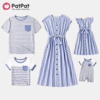 ราคา PatPat Family Matching Outfits Blue Striped V Neck Drop Shoulder Button Up Belted Dresses Short sleeve T shirts for Baby Boy Girl Women Men (19746791918)