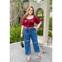 ราคา ยีนส์สาวอวบทรงบอยเอวสูง แต่งขาดเข่า สินค้าป้ายไทย เอว 32 34 36 38 40 นิ้ว (21397515220)