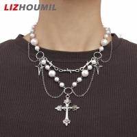 ราคา LIZHOUMIL Womens High Gloss Pearl Cross Necklace Layered Cross Star Choker Necklace Double Layered Gothic Tassel Cross Necklace For Jewelry Gift (21746150560)