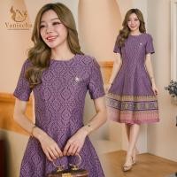 ราคา ชุดเดรส ชุดออกงาน ผ้าฝ้าย ผ้าฝ้ายทอลายไหมอุตรดิตถ์ ชุดไปวัด ทำบุญ สีม่วง ลายไทย (22665170359)