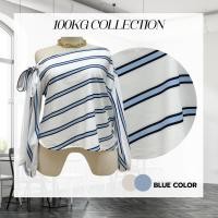 ราคา Plus size เสื้อปาดไหล่เฉียงสม็อคพริ้วปลายแขนจั้มผูกโบว์ลายริ้ว ดีไซน์ เก๋ น่ารัก รุ่น บลูเเพท F73 (22964138879)