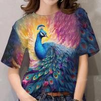 ราคา 2024 ผู้หญิงเสื้อยืดสั้นเสื้อยืดฤดูร้อนหลวมขนาดใหญ่สีสันนกยูงเสื้อยืดลายนกยูง (22454715134)