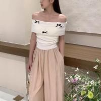 ราคา YIYI SHOP เสื้อปาดไหล่ แต่งโบว์ น่ารัก เอวจั๊ม สไตล์เกาหลี รุ่นE329 (22689096801)