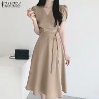 ราคา WGBEsolo ZANZEA Korean Style Womens Puff Short Sleeve V Neck Plain Evening Cocktail Fashion Swing Maxi DressKRS 11 (21574220527)