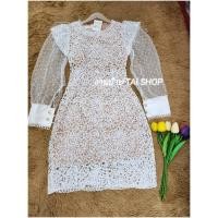 ราคา เดรสสั้นแขนยาวผ้าลูกไม้แต่งแขนมุ้ง แต่งโบว์อก ลายดอกไม้ P002 (22357088310)