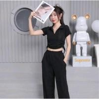 ราคา ชุดเซ็ทผู้หญิง ชุดเว็ทเสื้อเปิดเอวกางเกงขายาว เสื้อครอปแขนสั้น เชือกรูดข้าง เอวลอย กางเกงขายาว TZ818 (22014635815)