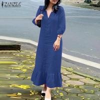 ราคา Celmia ZANZEA Womens Plain Midi Dress Casual Loose Ruffle Sundress Lantern 3 4 Sleeve V Neck Dresses 8 (20426330334)