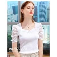 ราคา พร้อมส่ง เสื้อคอหัวใจ แขนชีฟอง ไหมพรมร่อง เสื้อไหมพรม คอเหลี่ยม แขนสั้น แบบสวยๆ (20654072727)