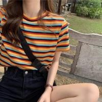 ราคา เสื้อยืดคอกลมลายตารางมีสีขาว ดำ เสื้อครอปคอกลมสีเรนโบว์น่ารัก สดใส พร้อมส่งในไทย (20922207406)