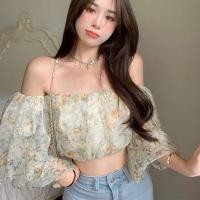 ราคา ลายดอกผูกเชือกอก เสื้อครอปปาดไหล่แขนยาวใส่แขนตกก็ได้มีแขนก็ดี แต่งจั้มแขน สวมใส่สบาย (16008894559)