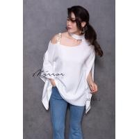 ราคา Mirrorsister 30701 2 เสื้อทรง4เหลี่ยมระบายปีกค้างคาว ด้านขวาแต่งสายเดี่ยวเว้าไหล่ต่อโซ่อะไหล่ทอง ช่วงคอแต่งchoker (19588867340)