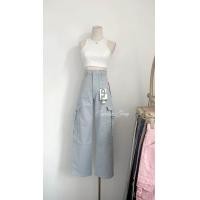 ราคา กางเกงยีนส์เกาหลี ขากระบอก คาร์โก้ ผ้ายืดสีพาสเทลด งานป้ายChuu สีเขียว (21393658441)