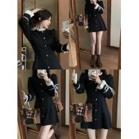 ราคา สีดำ ทรงเอ มินิเดรส ผู้หญิง คอกลมแขนยาวสไตล์ Preppy木小 (22133324631)