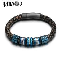 ราคา REAMOR Retro Textured Cowhide Genuine Leather Bracelet Men 316l Stainless steel Blue CNC Beads Handmade Bracelets Woven Bangle (12103082194)