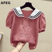 ราคา AFEG เสื้อชีฟองแขนสั้นลายสก๊อตชีฟองเสื้อหลวมเกาหลีใหม่ (15579144234)