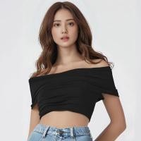 ราคา Closet Crush เสื้อครอปปาดไหล่แขนสั้น สีน้ำตาล สีดำ สีเขียว สีม่วง สีครีม (22972984270)