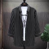 ราคา VANAQ เสื้อเชิ้ตแขนสั้นผ้าไหมน้ำแข็งเสื้อลายทางสีขาวดำเสื้อลำลองบางแขนสามส่วนสำหรับวัยรุ่น (14382785086)