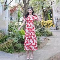 ราคา เดรสยาวผ้าไหมอิตาลีลายดอกแต่งกระดุมมุกหน้าชายระบายพร้อมสายผูกเอว ฉ14 A2819 (21440034920)
