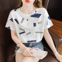 ราคา เสื้อทีเชิ้ตพิมพ์ลายแขนสั้นเสื้อลายดอกแขนสั้นลำลองทรงหลวมสไตล์ตะวันตกมีดีไซน์นิยมในคนกลุ่มหนึ่งแบบใหม่ปี2024หน้าร้อนผู้หญิง (21935301475)
