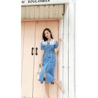 ราคา ชุดเดรสยีนส์ยาว แต่งคอลูกไม้ แขนพอง ทรงหางปลา สไตล์ฮ่องกง 733 (21447284294)