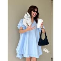 ราคา Dobby 071 มินิเดรส คอปก แขนพอง ชายระบาย ใส่สบาย สีขาว สีฟ้า Kissaway (22882957644)