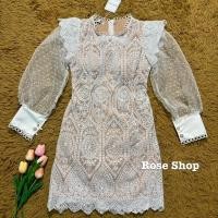 ราคา เดรสสั้นแขนยาวผ้าลูกไม้แต่งแขนมุ้ง แต่งโบว์อก ลายดอกไม้ P002 (22357088314)