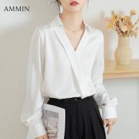 ราคา เสื้อชีฟองผ้าซาตินสีขาวสำหรับผู้หญิงสไตล์เกาหลีเสื้อผู้หญิงผ้าซาตินสีขาวสัมผัสเบาหรูหราระดับมืออาชีพเสื้อผู้หญิง2023ฤดูใบไม้ร่วงแฟชั่นเสื้อเบลาส์ยาวคอวีพับได้เสื้อผู้หญิงสีขาว OL หรูหรา (20268718707)