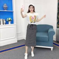 ราคา Set2ชิ้น เสื้อยืดสีขาว สกรีนลายเท่ๆ กระโปรงลายริ้วขาวดำ (19536076301)