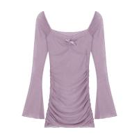 ราคา เดรสสั้น แขนกระดิ่ง ผ้าชีฟองมีซับในเต็มตัว กระโปรงสม็อคจากเอวถึงสะโพก เสื้อคอวีแต่งลูกไม้ติดโบว์สม็อคกลางอก 9172 (22733252619)