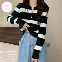 ราคา Zipper Polo Collar Striped Loose Soft Sticky Sweater Womens Autumn Korean Gentle Lazy Wind Lantern Sleeve Knitted Sweater (22680763543)