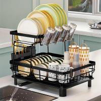 ราคา 2 layer dish drain rack suitable for kitchen countertop metal dish drain rack with knife cup cutlery rack (22687035355)