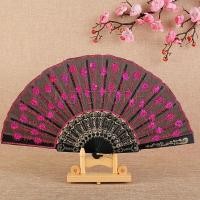 ราคา INS พัดลูกไม้ ปักด้วยเกล็ดกลิตเตอร์ พัดแต่งขอบลูกไม้สีดำ Lace Folding fan (22580463126)