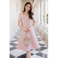 ราคา สีครีมทอง สีชมพู เดรสออกงาน สวยเรียบหรู ชุดเดรสคอเหลี่ยม กระโปรงทรงเอ สวยมากค่ะ S XXL ชุดเพื่อนเจ้าสาว สวยหวานค่ะ (16365460297)