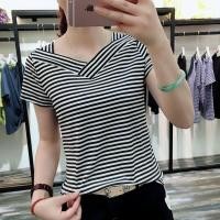 ราคา T shirt Ladies Casual Shirt 2020 Summer Korean Version of The New Short sleeved T shirt Womens V neck Striped Top Slim Slimming All match Bottoming Shirt Half Sleeve Women (3961006441)