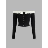 ราคา Cider Knit Off shoulder Two Tone Lettuce Trim Long Sleeve Crop Top (22960549630)