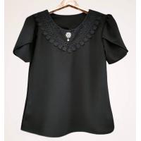 ราคา เสื้อสีดำ คอกลมแต่งลูกไม้ แขนกลับบัว ผ้าวูลเวฟเนื้อดียืดได้ อก 40 44 (22980661609)