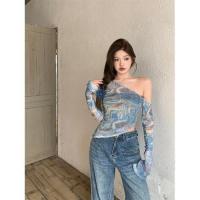 ราคา เสื้อยืดแขนยาว ปาดไหล่ เสื้อยืดเปิดไหล่สไตล์อเมริกันแนววินเทจสำหรับผู้หญิงออกแบบชายเสื้อรัดรูปใส่แล้วดูผอมสำหรับสาวฮอตในช่วงฤดูร้อน off shoulder เสื้อปาดไหล่ผ้ายืดเนื้อวิ้ง (22287361949)