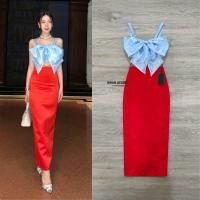 ราคา เซ็ทเสื้อแต่งโบว์ใหญ่สีฟ้า มาคู่กระโปรงยาวสีแดง เนื้อผ้าดี ใส่ได้หลายโอกาส ปังมาก (21691071005)