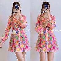 ราคา มินิเดรสอัดพลีทลายดอกผ้าชีฟอง (22561868570)