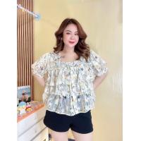ราคา เสื้อคอเหลี่ยมผ้าชีฟองเกาหลีมีลายในตัวพิมพ์ลายดอกไม้ งานแต่งระบายขนมชั้นงานแต่งกระดุม รอบอก 40 48 นิ้ว (22663057787)