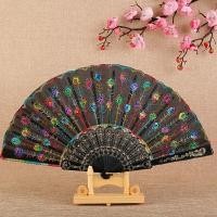ราคา INS พัดลูกไม้ ปักด้วยเกล็ดกลิตเตอร์ พัดแต่งขอบลูกไม้สีดำ Lace Folding fan (22580463125)