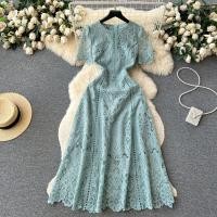ราคา เรียบหรู ลูกไม้ ชุดเดรสแขนเสื้อ ผู้หญิง ฤดูร้อน สไตล์ใหม่ พรางหุ่น คอกลมสูง เอว ทรงเอ เดรส สไตล์เกาหลี Midi แขนสั้น เดรส (22533572294)