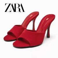 ราคา Zara รองเท้าส้นสูง เปิดนิ้วเท้า หนังกลับ สีแดง หัวกลม สําหรับผู้หญิง X0403 (21606934056)