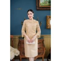 ราคา แบบสวยหรู เดรสออกงาน ผ้าไหมคลุมลูกไม้ทอลายพิเศษเนื้อแน่นแขนระบาย ลายสวยหรูหราสง่างามมากค่ะ 2 สีละมุน ทองอ่อน ชมพูอ่อน (22822169231)