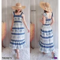 ราคา ชุดเดรสลายช้างสายเดี่ยวระบายหัวไหล่ (21889145105)