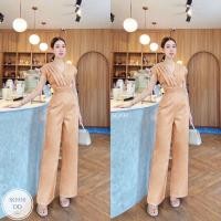 ราคา ES930จั๊มสูทขายาวอกคอวี อกจีบอัดพลีท เอวพีบจับจีบ งานเรียบหรู เก๋สุดๆ (22202664414)
