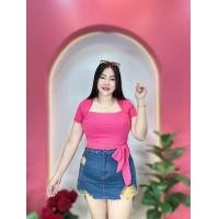 ราคา เสื้อสาวอวบ อก 38 46 ยาว 20 ผ้าร่อง รุ่นครอปคอเหลี่ยมผูกเอว (22743640431)