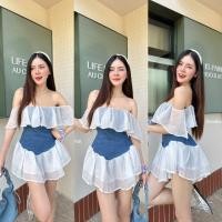 ราคา G เดรสเปิดไหล่ผ้ายีนส์แต่งระบายผ้าแก้วเนื้อพริ้ว (21843949706)