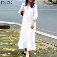ราคา Celmia ZANZEA Womens Plain Midi Dress Casual Loose Ruffle Sundress Lantern 3 4 Sleeve V Neck Dresses 8 (20426330327)